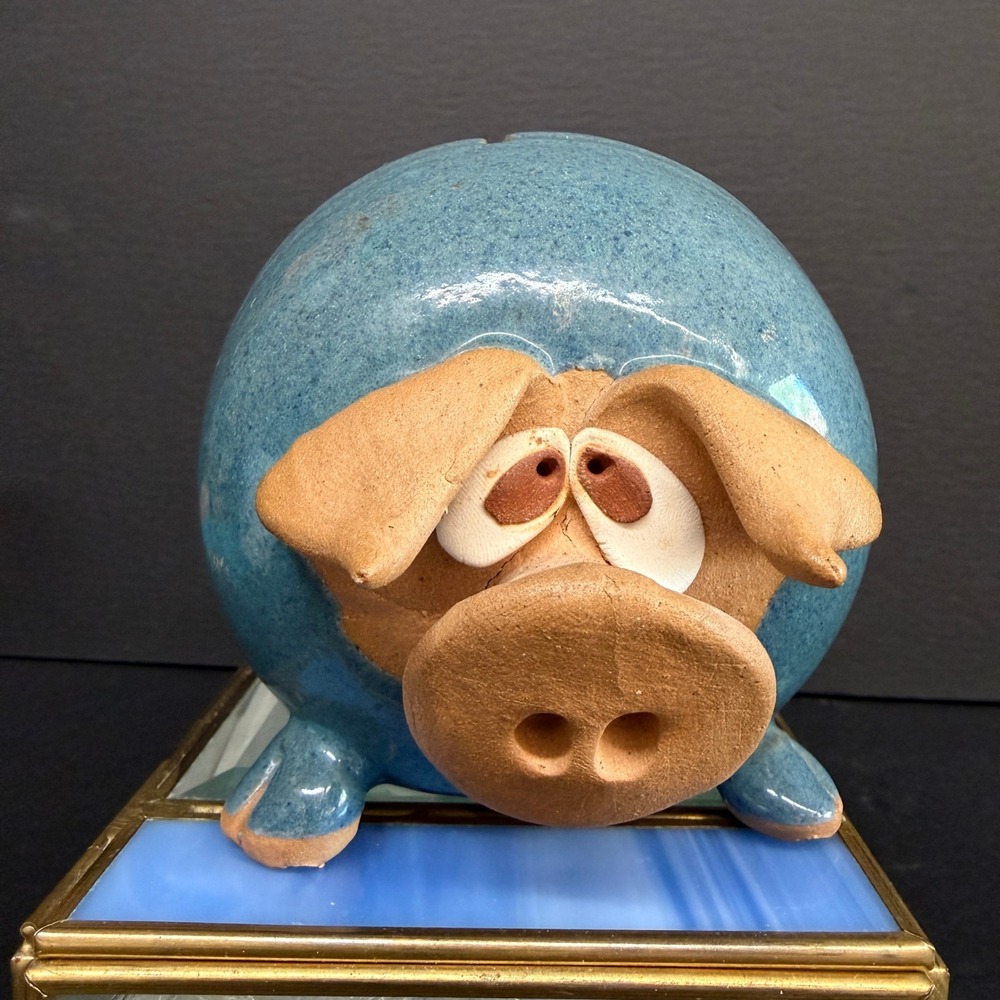 Vintage Piggy Bank with Cork Butt Blue Glazed ceramic Whimsical Pig Figurine - Picture 2 of 13